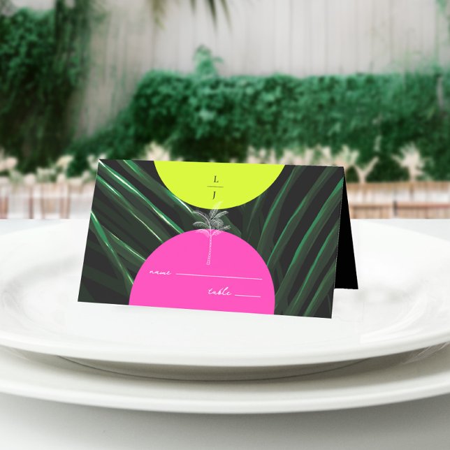 Monogram Neon Arches Palm Tree Tropical Wedding Place Card (Creator Uploaded)