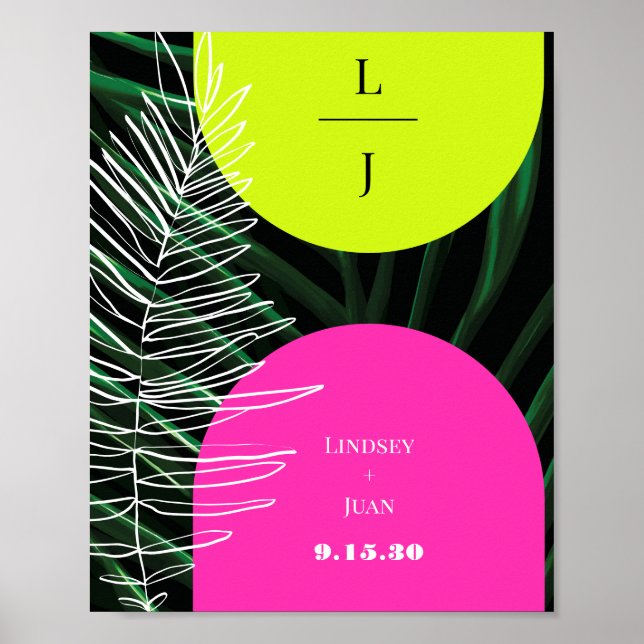 Monogram Neon Arches Tropical Palm Leaf Wedding Poster (Front)