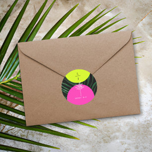 Monogram Neon Arches Tropical Palm Tree Wedding Classic Round Sticker