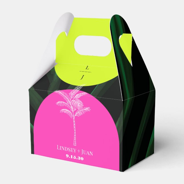 Monogram Neon Arches Tropical Palm Tree Wedding Favor Boxes (Front Side)