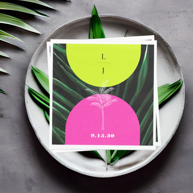 Monogram Neon Arches Tropical Palm Tree Wedding Napkins (Creator Uploaded)