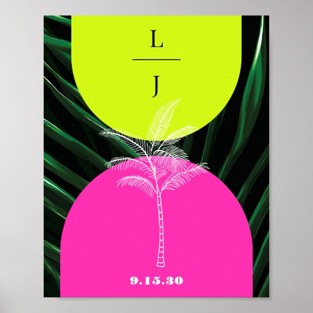 Monogram Neon Arches Tropical Palm Tree Wedding Poster (Front)
