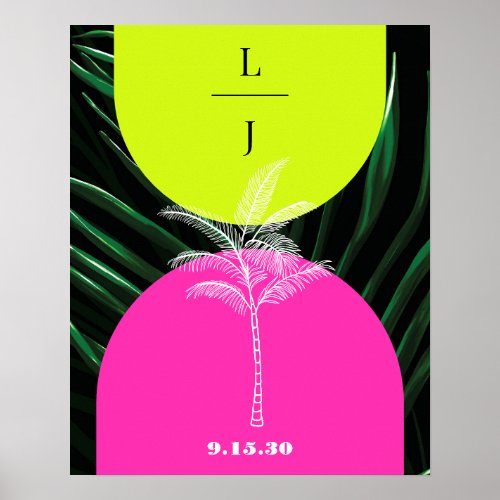 Monogram Neon Arches Tropical Palm Tree Wedding Poster