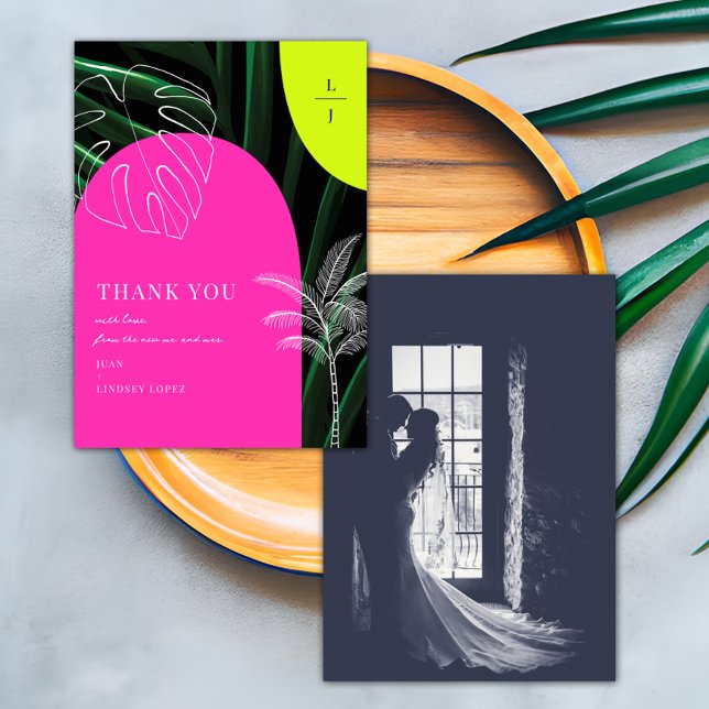 Monogram Neon Arches Tropical Wedding Photo Thank You Card (Creator Uploaded)