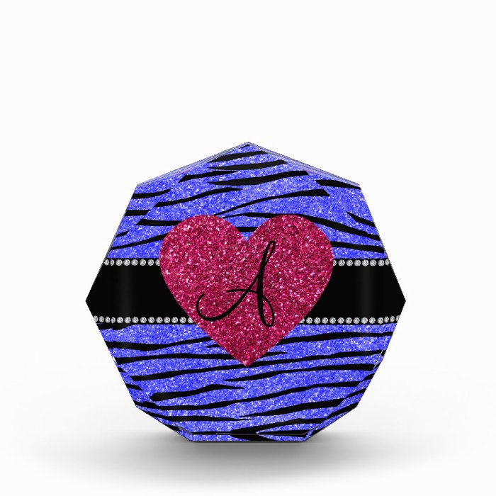 Monogram neon blue glitter zebra stripes heart acrylic award