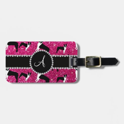 Monogram neon hot pink glitter boston terriers luggage tag