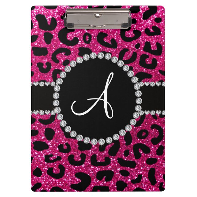 Monogram neon hot pink glitter cheetah pattern clipboard (Front)