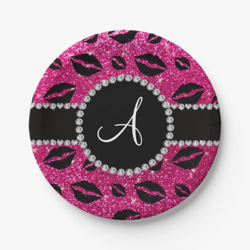 Monogram neon hot pink glitter kisses paper plates