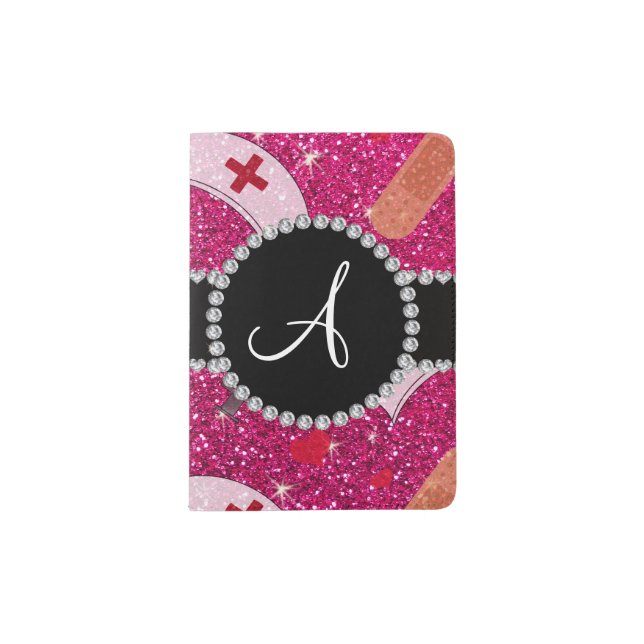 Monogram neon hot pink glitter nurse hats heart passport holder (Front)