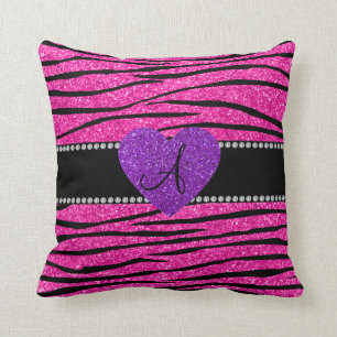 Monogram neon hot pink glitter zebra stripes pink throw pillow