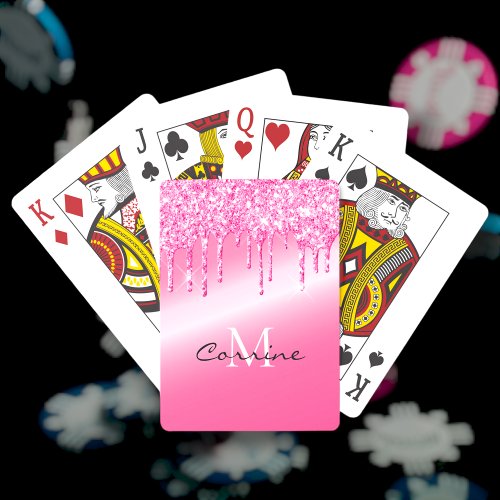 Monogram Neon Hot Pink Metallic Dripping Glitter Playing Cards