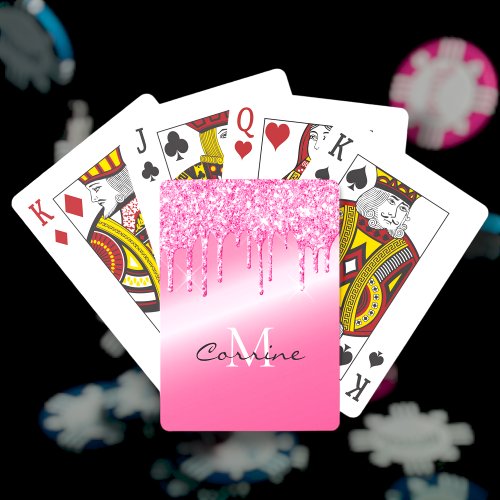 Monogram Neon Hot Pink Metallic Dripping Glitter Poker Cards