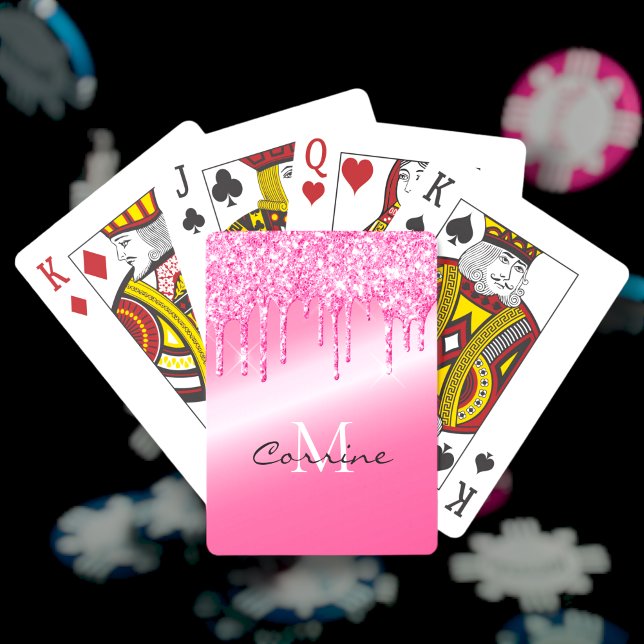Monogram Neon Hot Pink Metallic Dripping Glitter Poker Cards (Creator Uploaded)