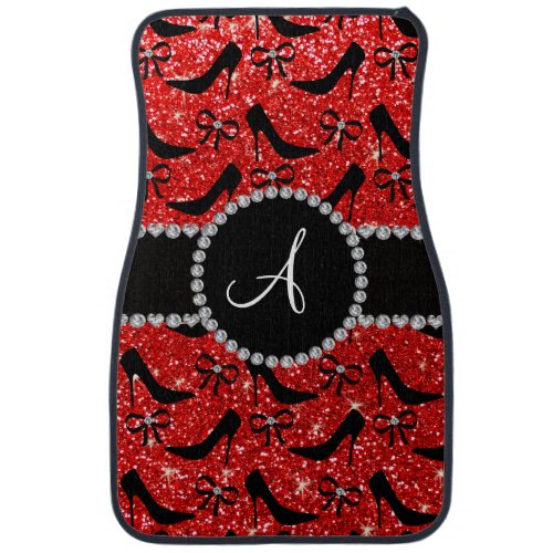 Monogram neon red glitter black high heels bow car floor mat