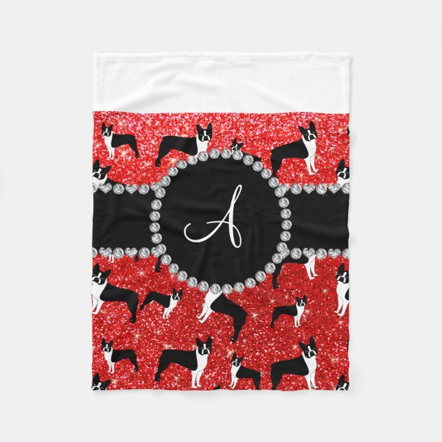 Monogram neon red glitter boston terriers fleece blanket (Front)