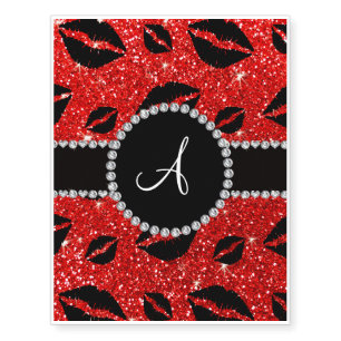 Monogram neon red glitter kisses temporary tattoos