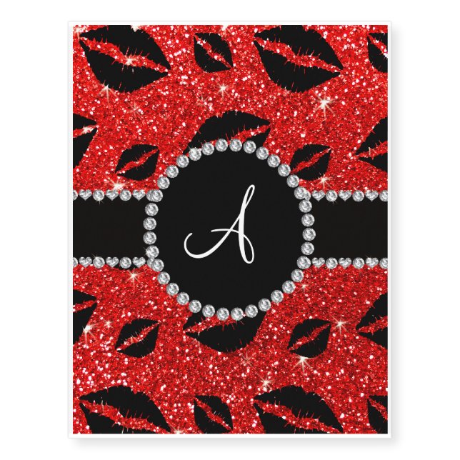 Monogram neon red glitter kisses temporary tattoos (Front)