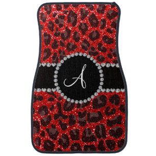 Monogram neon red glitter leopard car mat