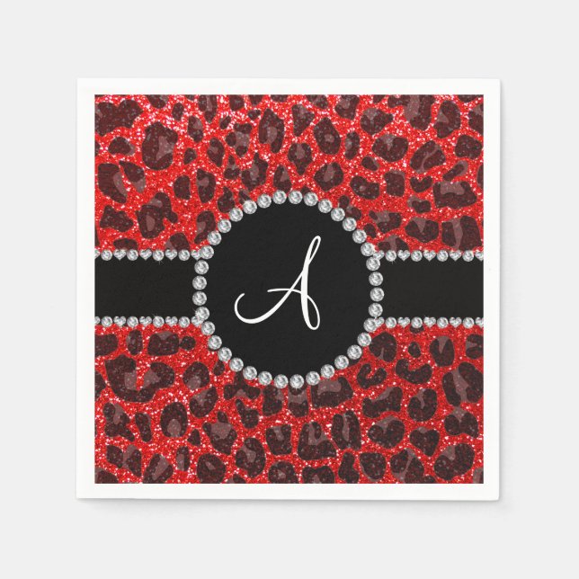 Monogram neon red glitter leopard napkins (Front)