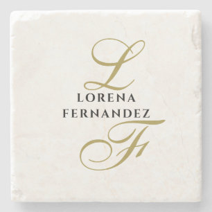 Monogram Neutral Gold Black Name Elegant Minimal Stone Coaster