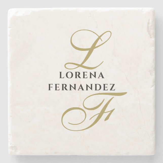 Monogram Neutral Gold Black Name Elegant Minimal  Stone Coaster (Front)