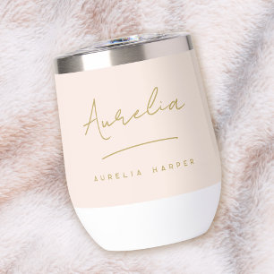 Monogram Neutral Modern Minimal Blush Pink Gold Thermal Wine Tumbler