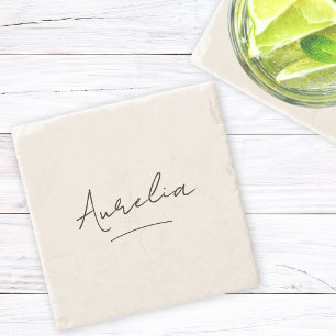 Monogram Neutral Modern Minimalist Script Ivory Stone Coaster