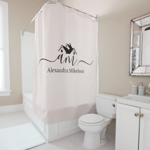 Monogram Neutral  Modern Minimalist Stylish Bath Shower Curtain