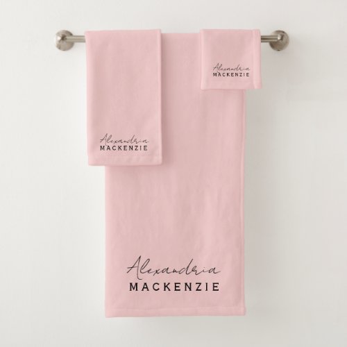 Monogram Neutral Pink Elegant First Last Name Bath Towel Set