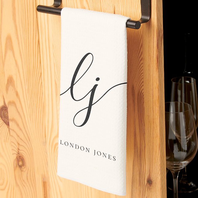 Monogram Neutral Simple Elegant Script Initials Kitchen Towel (Creator Uploaded)