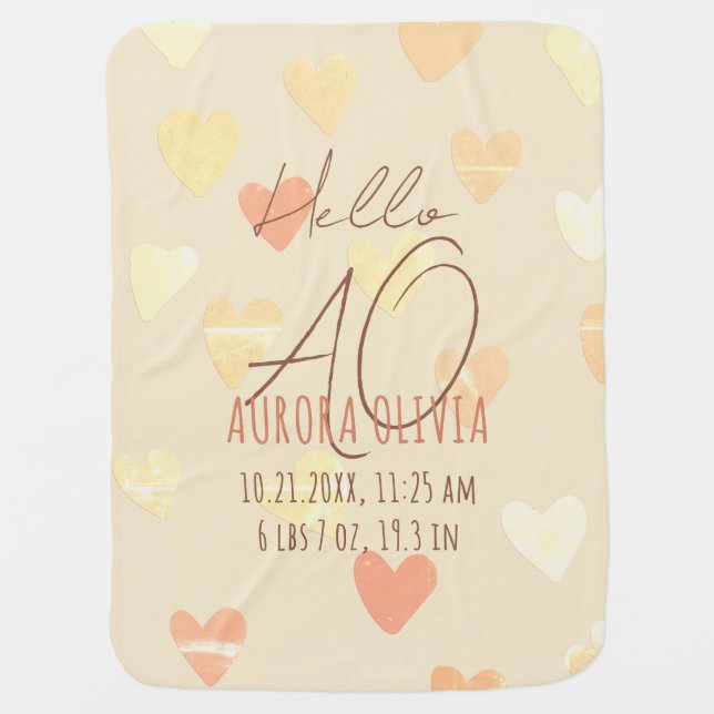 Monogram New Born Stats Boho Beige Hearts  Baby Blanket (Front)