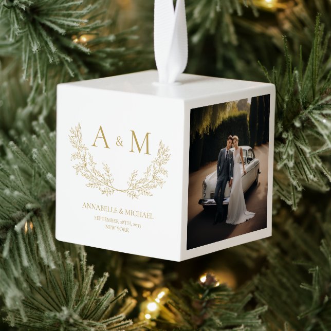 Monogram Newlywed first Christmas 3 photo ornament (Tree)