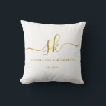 Monogram Newlyweds Gold Script Wedding Gift Throw Pillow<br><div class="desc">Personalize this simple and beautiful pillow with the bride and groom monogram, name and wedding date for a one of a kind gift for the newly weds. They will be simply delighted with this unique keep sake that will remind them of their special day. Perfect gift for anniversaries and any...</div>