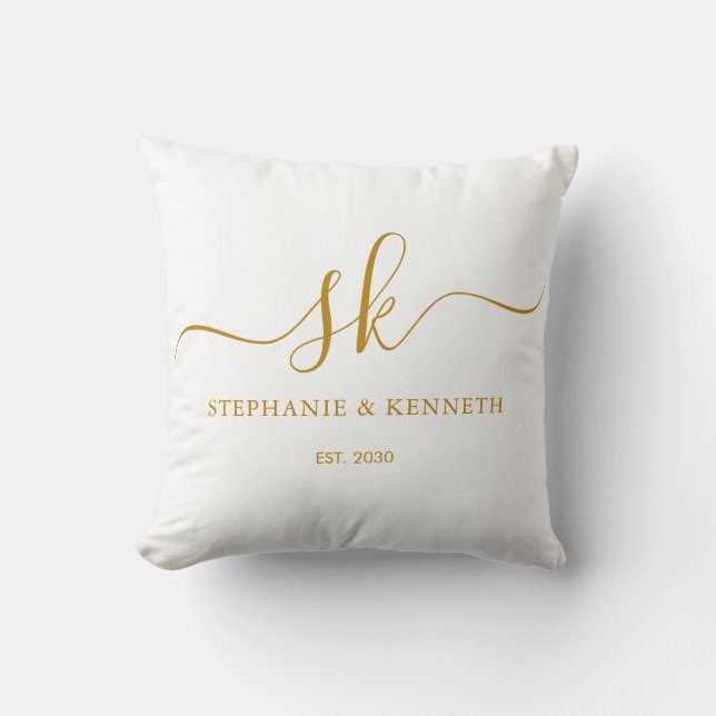 Monogram Newlyweds Gold Script Wedding Gift Throw Pillow (Front)