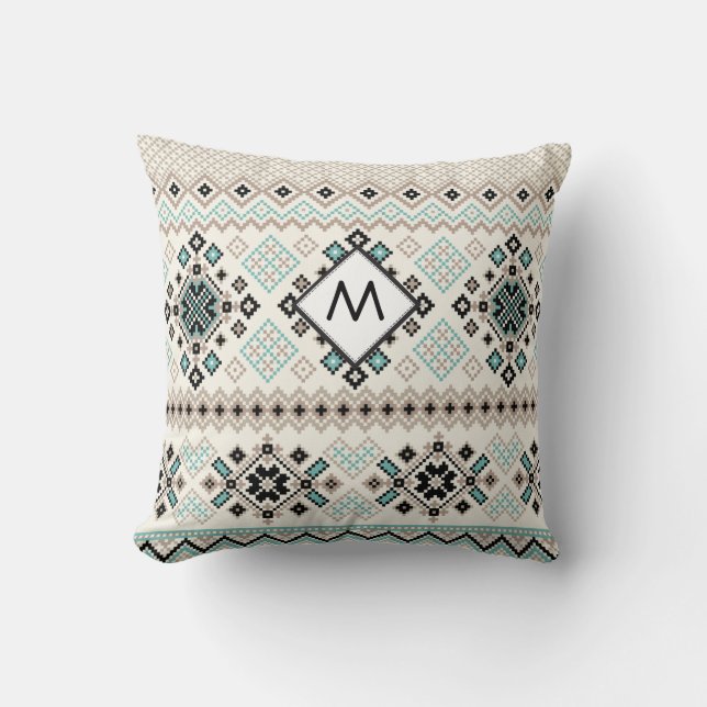 Monogram Nordic Cross Stitch Pattern Throw Pillow (Front)