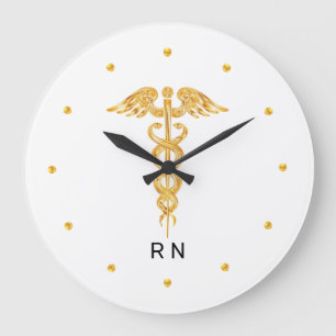 Monogram Nurse Golden Caduceus on White Large Clock