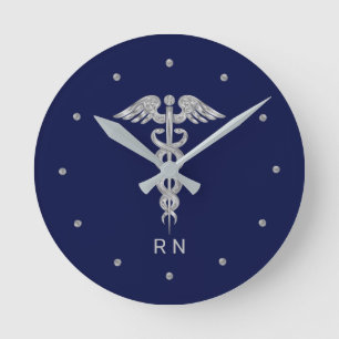 Monogram Nurse Silver Gray Caduceus on Navy Blue Round Clock
