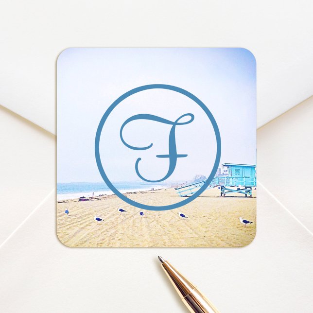 Monogram ocean beach coastal photography modern square sticker (Creator Uploaded)
