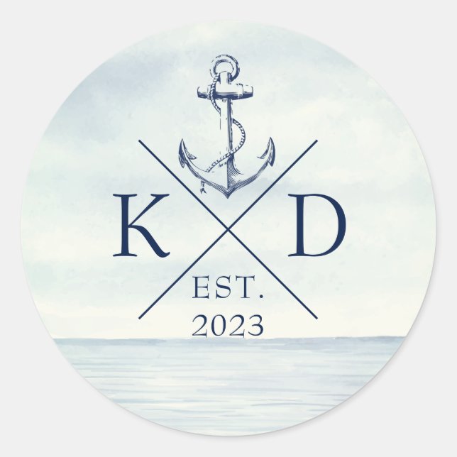 Monogram Ocean Nautical Anchor Classic Round Sticker (Front)