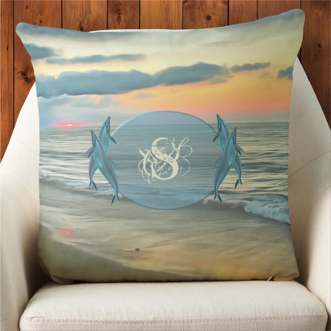 Monogram Ocean Sunset 0735 Throw Pillow (Creator Uploaded)