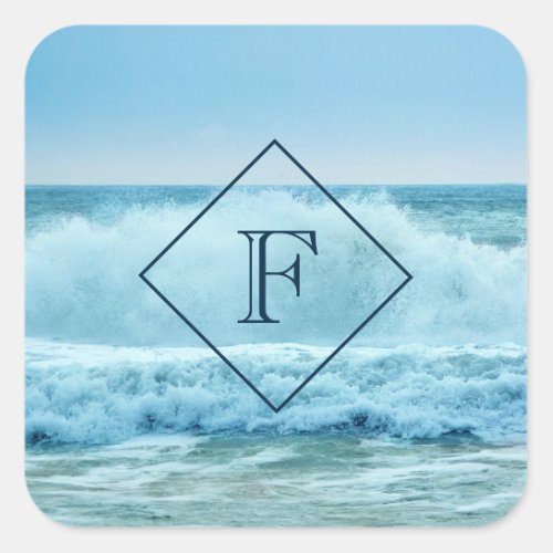 Monogram Ocean Wave Crashing on Shore Square Sticker