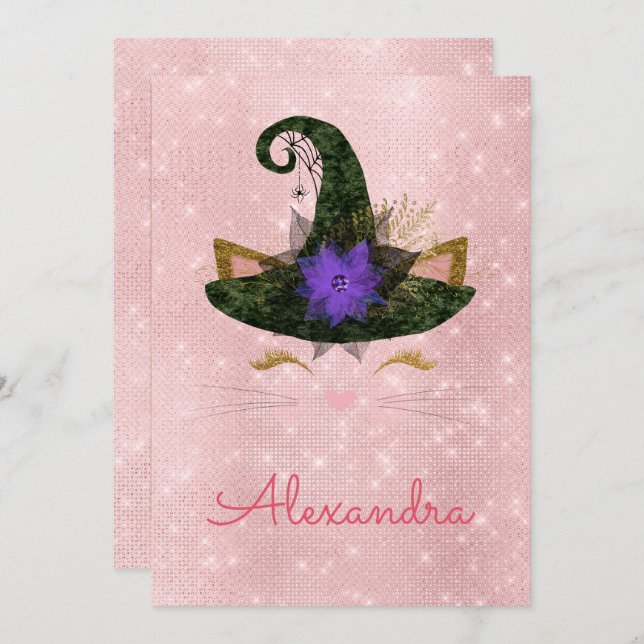 Monogram October Sparkle Kitty Birthday Invitation (Front/Back)