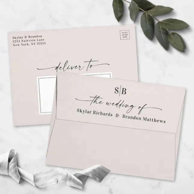 Monogram Off-White Ivory A7 5x7 Wedding Invitation Envelope | Zazzle