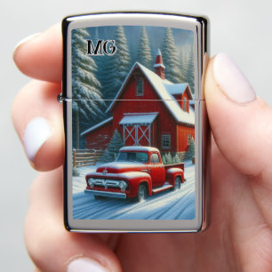 Monogram Old Red Truck in Snow Zippo Lighter