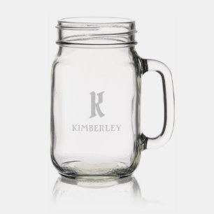 Monogram old style letter typography mason jar w/ handle