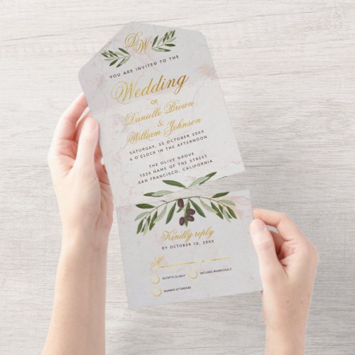 Monogram Olive Branch Wedding Elegant Faux Gold All In One Invitation