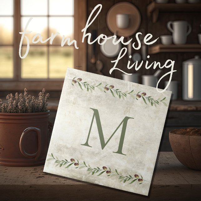 Monogram Olive & Branches Rustic Personalized Ceramic Tile (Creator Uploaded)