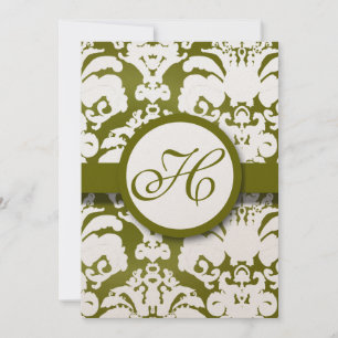 Monogram Olive Damask Wedding Invitation