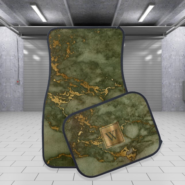 Monogram Olive Green and Gold Marble Car Floor Mat (Creator Uploaded)