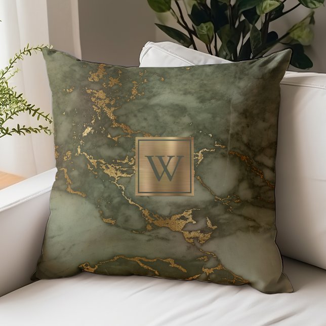 Monogram Olive Green and Gold Marble Throw Pillow (Creator Uploaded)